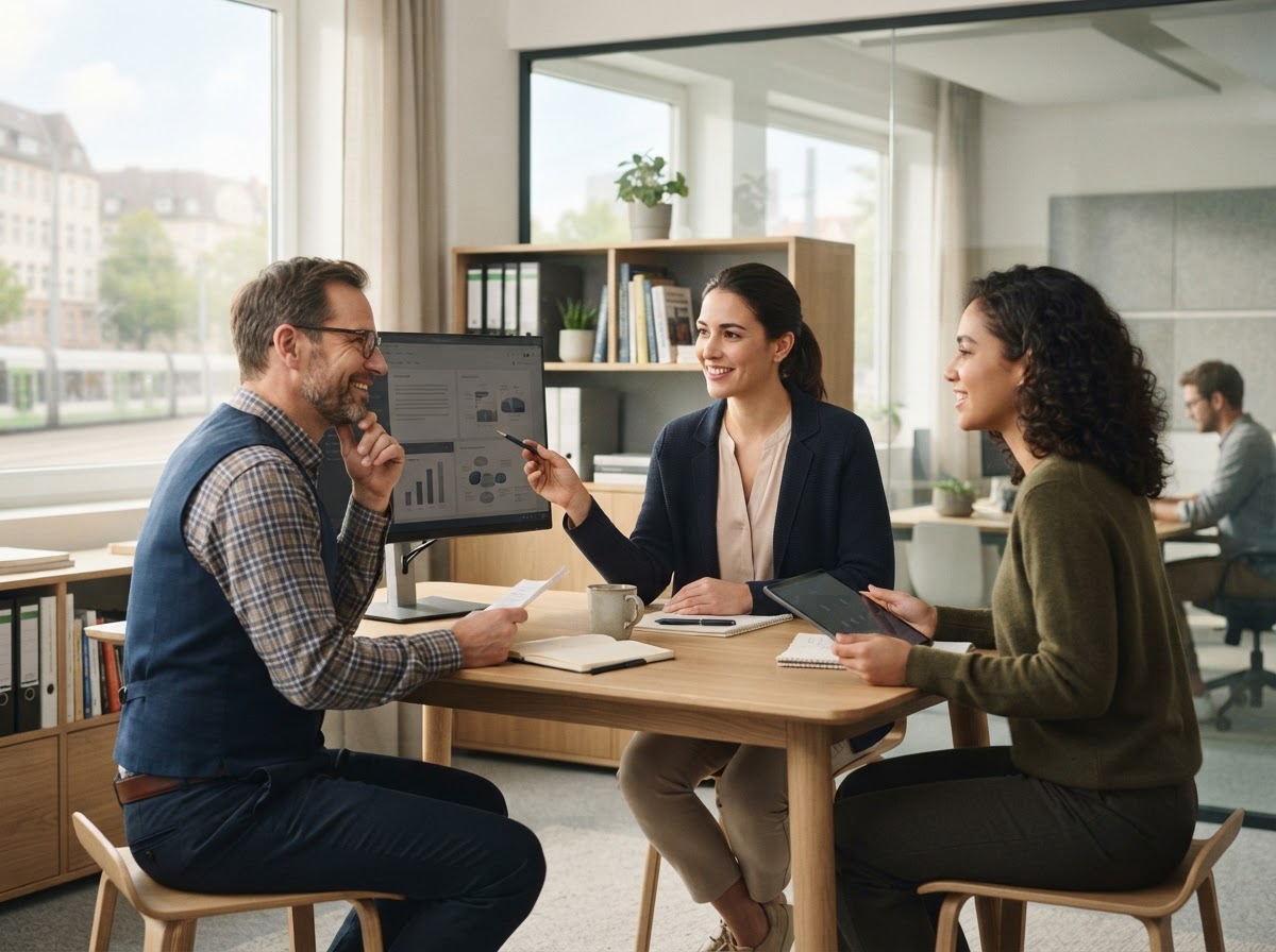 Stxnetwork team reviewing predictive analytics and portfolio data in an office setting